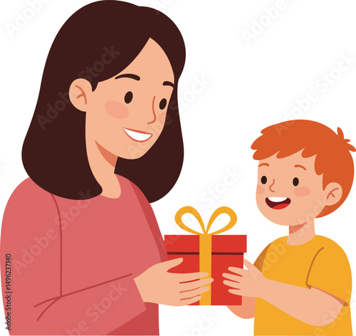 Mother and son exchanging a red gift box with yellow ribbon cheerful family moment vector illustration 