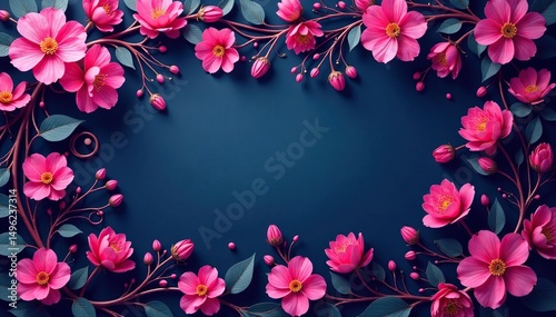 Fuchsia blossoms, swirling vine pattern, repeating design, print, floral design