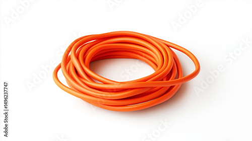 An orange  electricity cord stretched across a white background, featuring a smooth insulated surface and visible plug ends.
