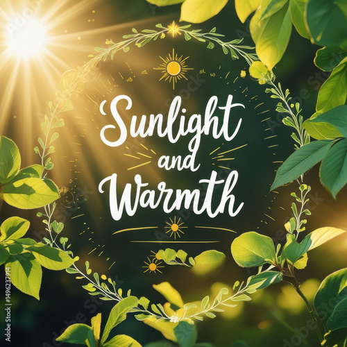 Vivid greenery illuminated by warm sunlight, accompanied by an optimistic message emphasizing peace and vitality