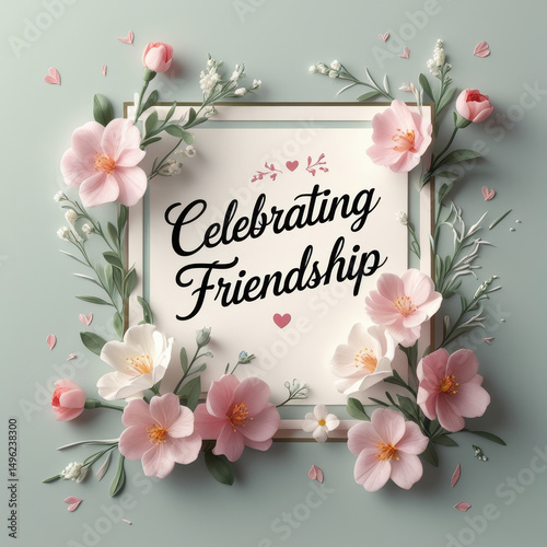 A beautiful illustration featuring the phrase 'Celebrating Friendship,' surrounded by blooming flowers and delicate decorations, conveying the essence of companionship, joy, and heartfelt celebration