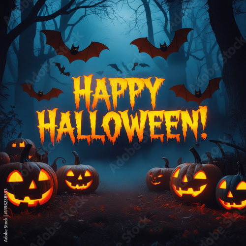 A spooky Halloween night scene, casting an eerie light. Bats fly overhead against a misty, dark forest backdrop. The words Happy Halloween