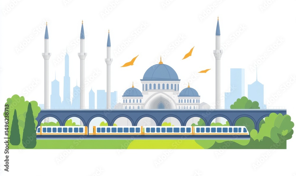 Fototapeta premium Mesquita com Trem e Cidade ao Fundo - Ilustração Vetorial