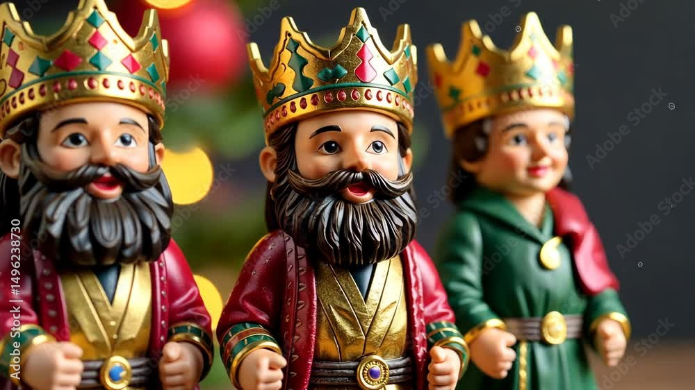 Detailed Three Kings figurines adorned with crowns and robes stand in a row with a bokeh backdrop.
Concept of: Symbolic Epiphany tradition. Three kings day. Dia de los Reyes