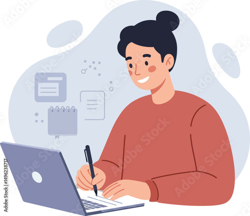 Young person happily writing notes while working on laptop with document icons in background vector illustration 