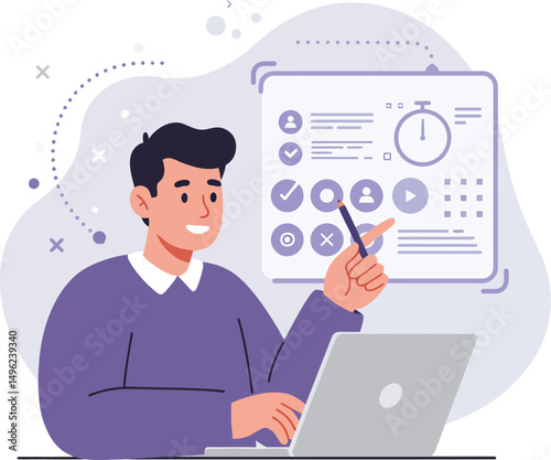 Man working on laptop with task management and productivity icons in flat design vector illustration 