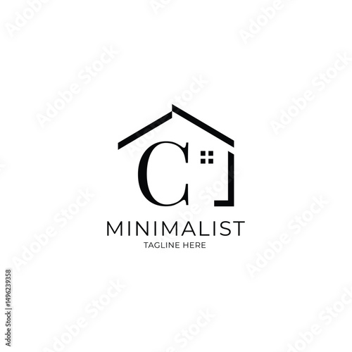 Simple and minimalist house logo with letter C. Logo template for real estate, architecture, and construction company