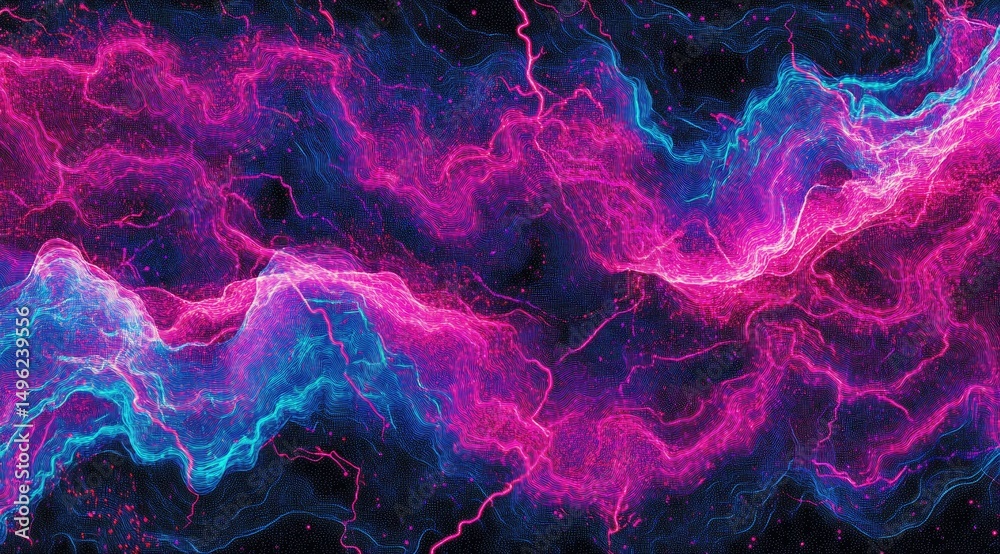 Obraz premium Abstract digital artwork depicting swirling, luminous neon pink and blue energy streams on a dark background, resembling cosmic nebulae or plasma