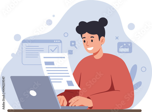 Young woman working on laptop and reviewing documents in modern workspace vector illustration 