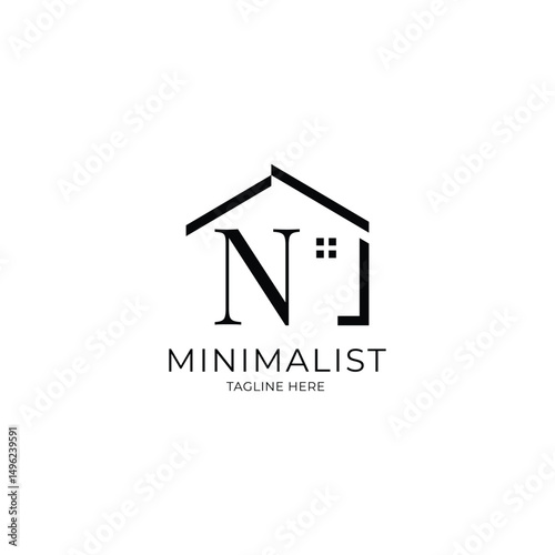 Simple and minimalist house logo with letter N. Logo template for real estate, architecture, and construction company