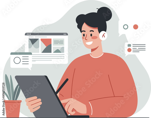 Young woman working on digital tablet with stylus and headset in modern workspace with plant and interface elements