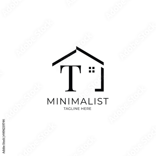 Simple and minimalist house logo with letter T. Logo template for real estate, architecture, and construction company