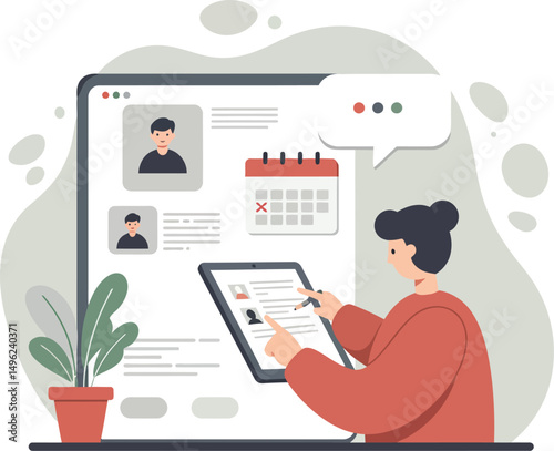 Woman using digital tablet for online scheduling and profile management with calendar and chat interface in muted colors vector illustration 