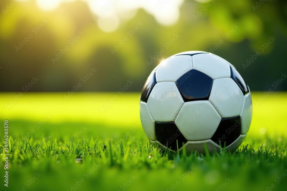 Fototapeta premium New soccer ball on green grass field, sunlight, football, new ball