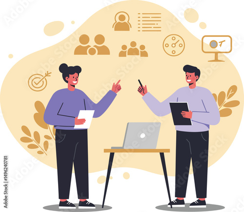 Business team discussing project strategy during office meeting with laptop and presentation vector illustration 