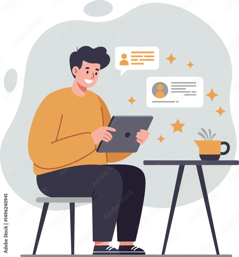 Man using tablet for social media communication with messages and star icons in casual setting vector illustration Man using tablet for social media communication with messages and star icons in casual setting vector illustration