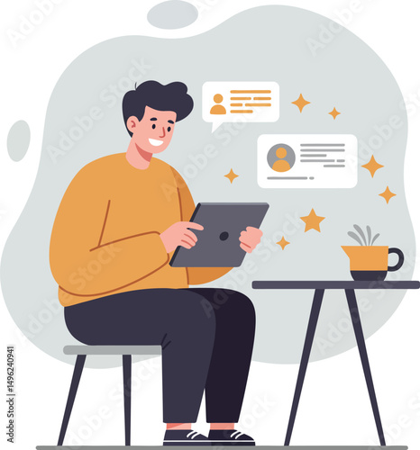 Man using tablet for social media communication with messages and star icons in casual setting vector illustration 