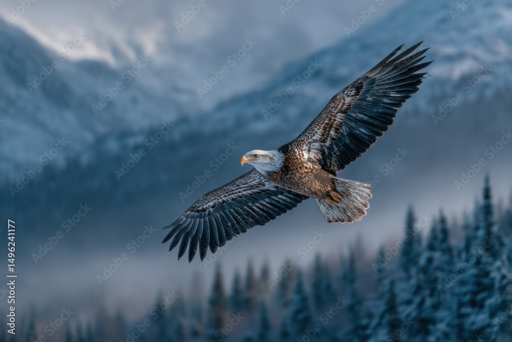 Obraz premium Bald eagle soaring over snow-covered mountains and pine forests.