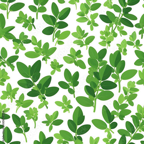 Fresh green leaves for spring theme vector pattern of fresh culinary herbs including basil, rosemary, parsley, thyme, oregano, and mint leaves, minimal style, green tones, clean white