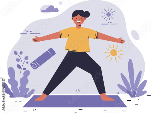 Woman practicing yoga on mat with sunny outdoor nature background and purple plants vector illustration 