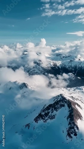 Aerial View of Snow-Covered Mountain Peaks Piercing Through Clouds