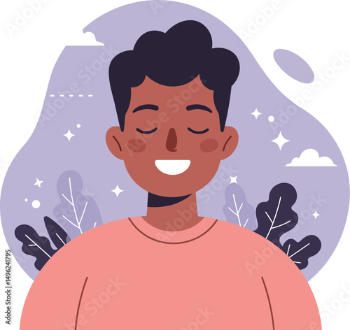 Smiling young man with closed eyes peaceful outdoor background vector illustration 