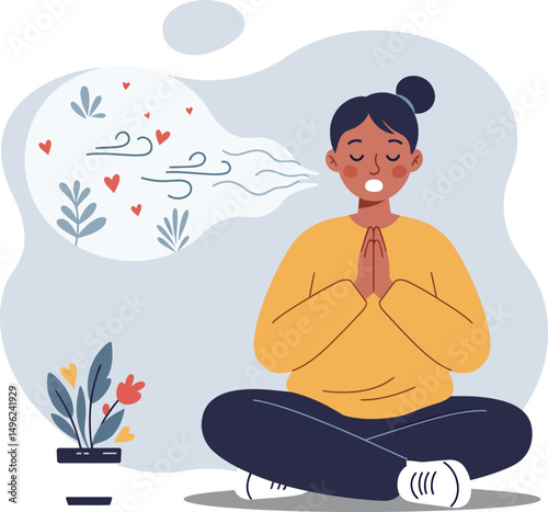 Woman practicing meditation and mindfulness breathing exercise in calm indoor setting with plants and peaceful expression vector illustration 