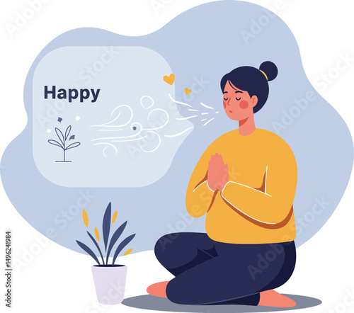 Woman meditating in yellow sweater with happy positive vibes and indoor plant vector illustration 