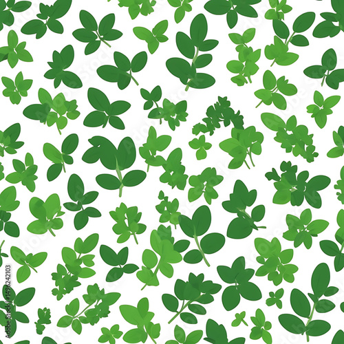 Green leaf foliage pattern for textile prints vector pattern of fresh culinary herbs including basil, rosemary, parsley, thyme, oregano, and mint leaves, minimal style, green tones, clean white backgr