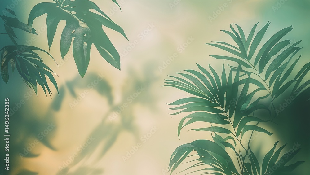 Fototapeta premium Tropical Leaves Shadow Overlay: Green Foliage on Soft Background