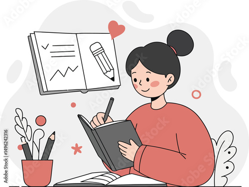 Woman writing in notebook with pencil and plant decoration in cozy indoor setting vector illustration 