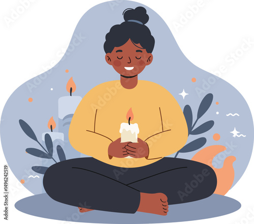 Woman Meditating with Lit Candle in Calm Environment for Relaxation and Mindfulness Practice 