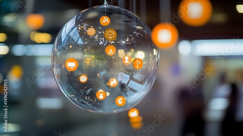 Floating conference icons in glass globe