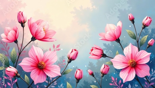 Abstract watercolor floral repeat; soft, blurred blooms , texture, soft