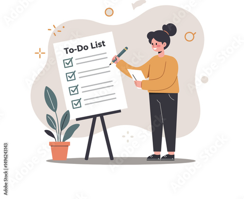Woman writing on to do list checklist on easel board with potted plant indoor vector illustration 