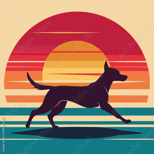 Silhouette of Dog Running at Sunset, Retro Style Illustration