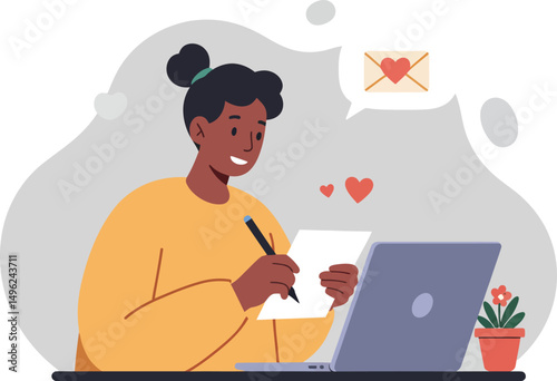 Woman writing love letter on laptop with heart symbols and envelope notification in cozy home setting vector illustration 
