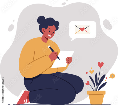 Woman writing love letter with heart symbols in speech bubble and potted heart flowers vector illustration 