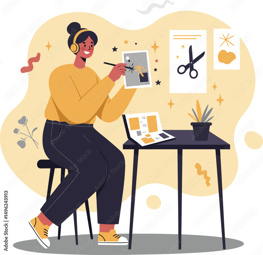 Fototapeta premium Woman artist painting at table creating art with scissors and heart drawings in cozy indoor setting vector illustration 