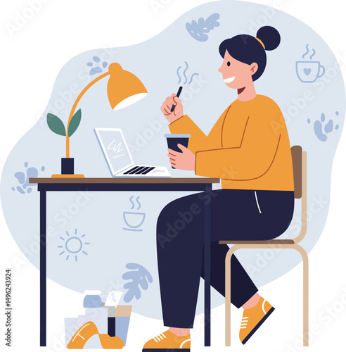 Woman working at desk with laptop drinking coffee in cozy home office environment vector illustration 