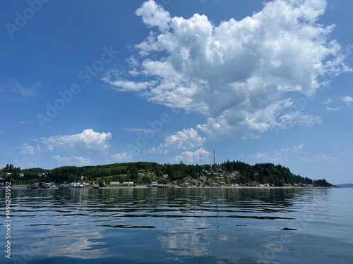 View of the village Alert Bay from the water, located Cormorant Island, northeast of Vancouver Island, British Columbia, Canada