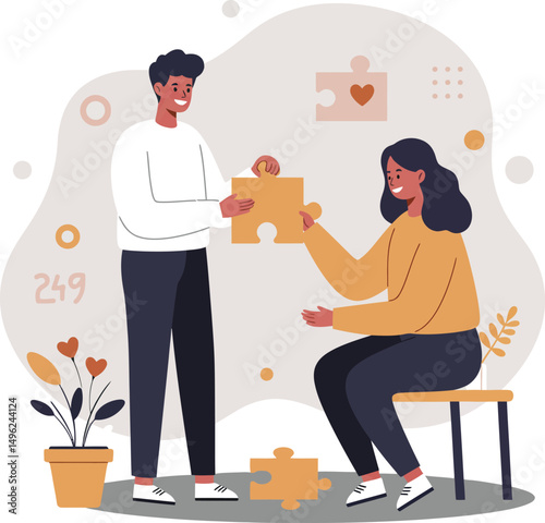 Young couple assembling puzzle pieces together in casual clothing vector illustration of teamwork and collaboration concept 