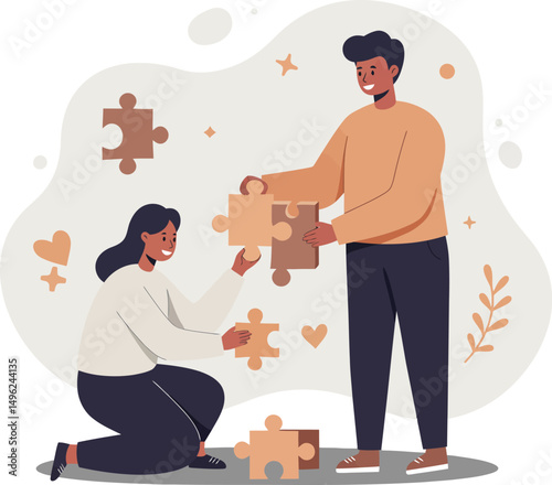 Couple building puzzle pieces together teamwork and collaboration concept vector illustration 