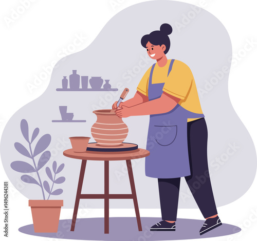 Woman crafting pottery on wheel in workshop with potted plant and shelves of ceramics vector illustration 