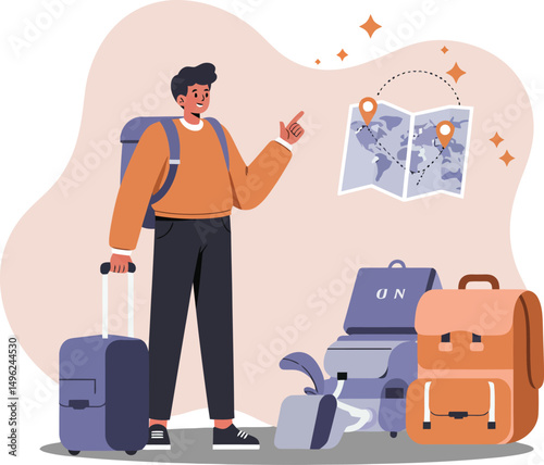 Young man with luggage and travel map planning trip adventure vector illustration 