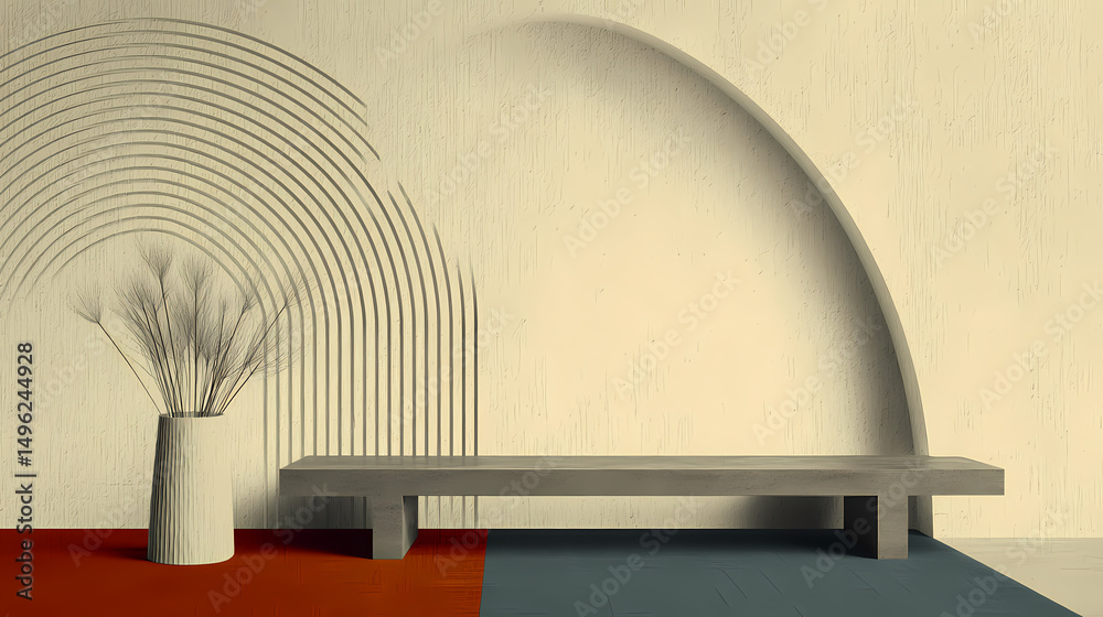 Fototapeta premium Neutral beige wall copy space. monochrome empty room with minimalist bench and boho decor. wall scene mockup product. promotion background. generative ai. minimalist. Illustration