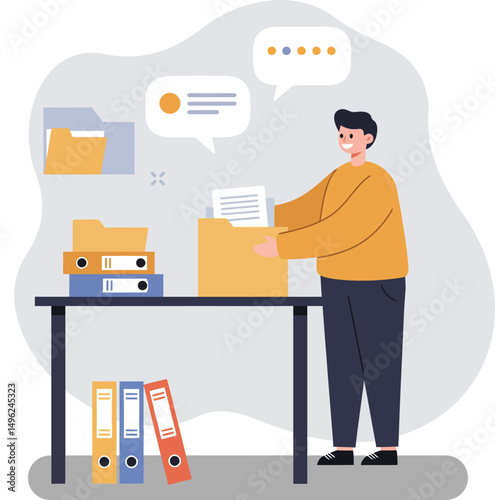 Person organizing office documents and files with folders on table in work environment vector illustration 