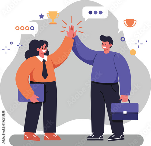 Business teamwork concept with man and woman high five celebrating success in office environment vector illustration 