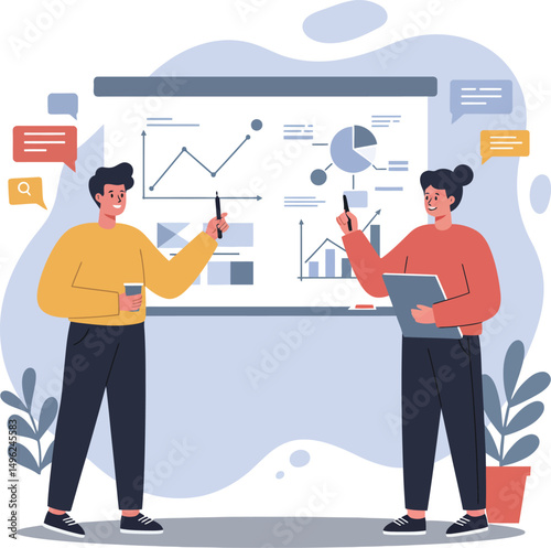 Business colleagues presenting data analysis on charts and graphs during meeting vector illustration 