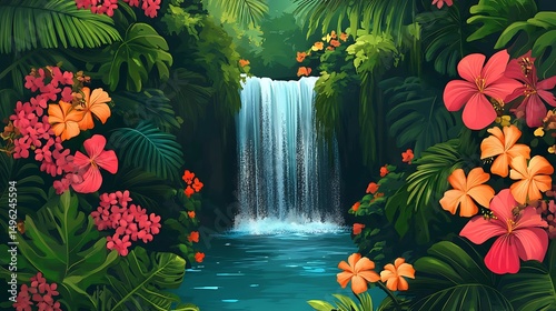 Lush waterfall cascading through a vibrant tropical jungle.